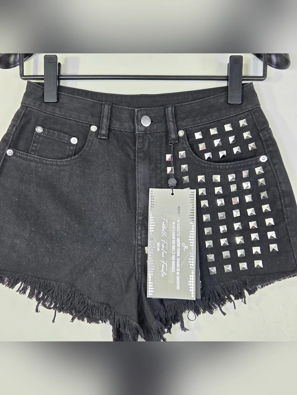 NWT FABULOUS BY THE RAIDERETTES DENIM STUDDED FRAYED SHORTS. - Picture 2 of 10